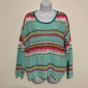 Pol Crochet Sweater Womens S Blue Stripe Mint Coastal Beach Grandma